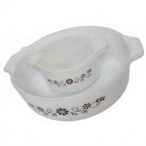 Dynaware Pyr-o-Rey White Milk Glass with Brown Daisy Flower Dishes Lot / EUC